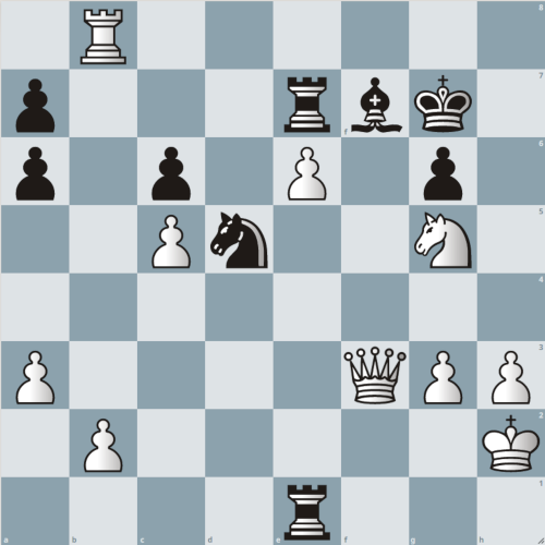 Weiß: Kh2 Df3 Tb8 Sg5 a3 b2 c5 e6 g3 h3; 
    Schwarz:Kg7 Te7 Te1 Lf7 Sd5 a7 a6 c6 g6